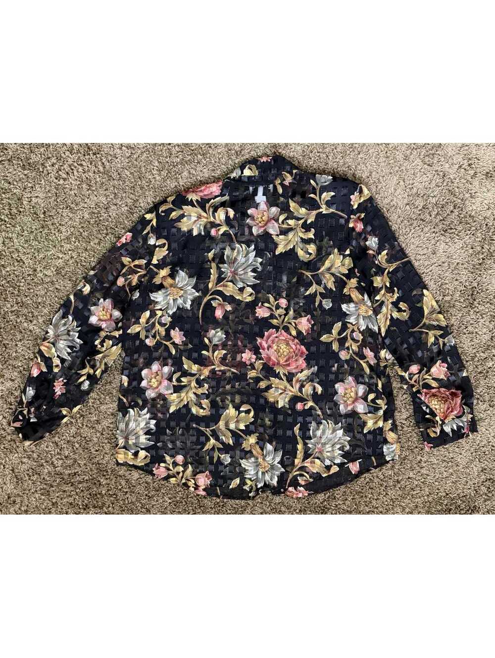 1980s Sheer Burnout Blouse by Expose Black x Earthy Floral size XL - Picture 9 of 10